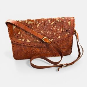 Hand-Tooled Mexican Floral Leather Crossbody Bag in Brown